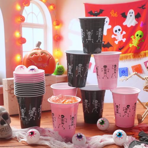 Halloween Party Supplies Skeleton Pink Black 22 Cups & 8 Fake Eyeballs