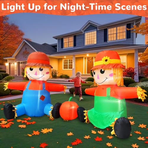 6FT Fall Thanksgiving Inflatable Scarecrow Couple with LEDs - Outdoor Decorations
