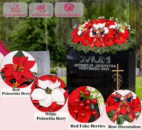 Artificial Christmas Cemetery Flowers Set - Headstone Saddle & Poinsettia Bouquets for Graves