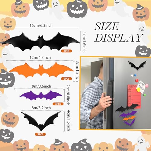 Halloween Bat Magnets Set - 15 Pieces in Black, Purple, Orange - 4 Sizes, 3D Decorations