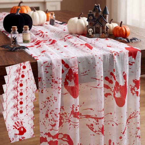 Bloody Handprint Halloween Table Runner Set - 6 Lace Decor 30x70 Inches - Red Variant