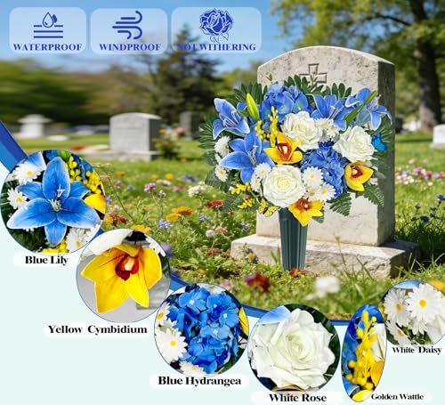 Artificial Cemetery Flowers for Grave Decorations - Realistic Rose Daisy Lily Cymbidium Sympathy Bouquet