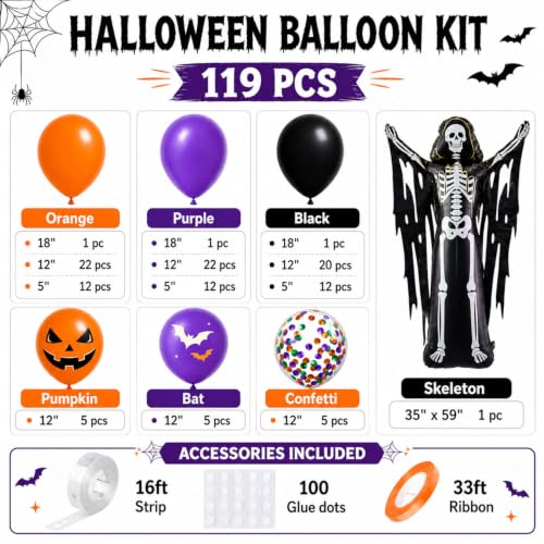 Halloween Balloon Arch Kit with Skeleton Foil Balloon - Orange, Black, Purple - 119 Pcs