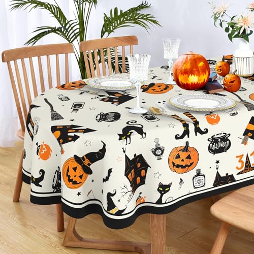 Oval Halloween Tablecloth 60x120 Inch - Horror Pumpkin Castle Skull Waterproof Polyester