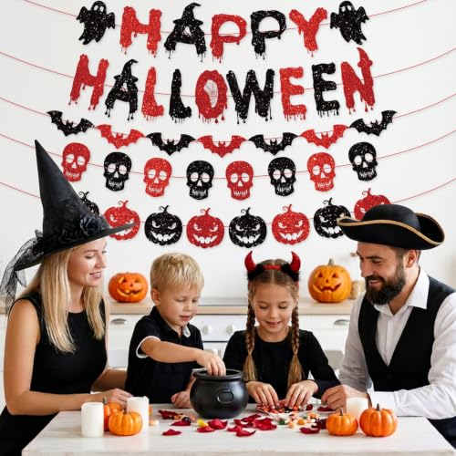 Halloween Banner with Glitter Bat Skull Pumpkin Decor - Pre-Strung Party Garland