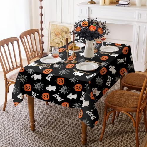 Halloween Tablecloth 60x84 Inch Rectangular - Black Ghosts & Pumpkins, Durable Polyester