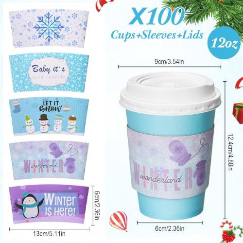 Winter Snowflake Coffee Cups Set with Lids and Sleeves - 50 Pack - Blue & Purple