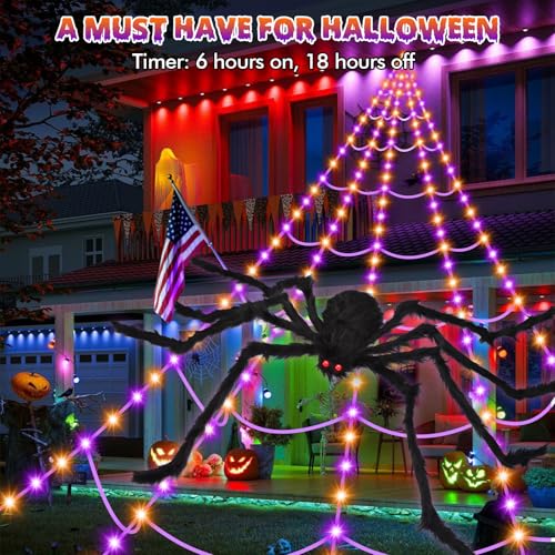 Halloween Spider Web Lights with Fake Spider - 200" Outdoor Decor, 8 Lighting Modes, Purple & Orange Variation