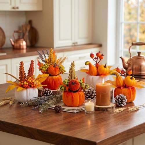 Velvet Fall Pumpkin Decor Set - 6 Artificial Mini Pumpkins for Halloween Thanksgiving