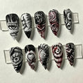 Gothic Press On Nails Set - Bloody Horror Designs, Medium Almond, Black & White - Variation Gothic-24