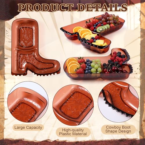 Cowboy Boot Serving Trays - 2 Pack Western Party Food Platters Brown Plastic