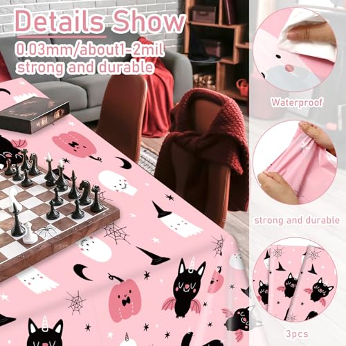 Pink Halloween Plastic Tablecloth 54x108 Inch - 3 Pack, Ghost Pumpkin Bat Design, Disposable Party Decor