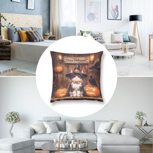 Fall Cartoon Kitten Pumpkin Halloween Throw Pillow Covers Set 20x20 - Pack of 4