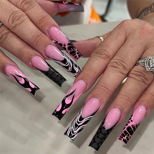 BABALAL French Tip Press On False Nails - Long Black Flame Style, Glue-On Squoval Acrylic Nails, 24Pcs, Variation BNN08flame