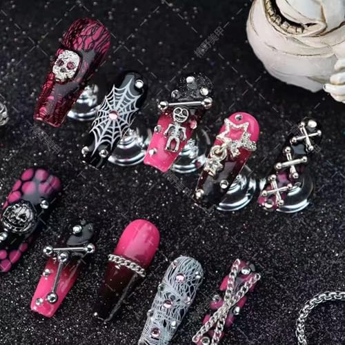 Halloween Press On Nails Long Coffin Fake Nails with Pumpkin Skeleton Charms Pattern 7