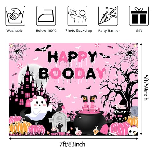 Happy Boo Day Banner Backdrop 7x5 ft Pink Halloween Birthday Decorations - Avezano