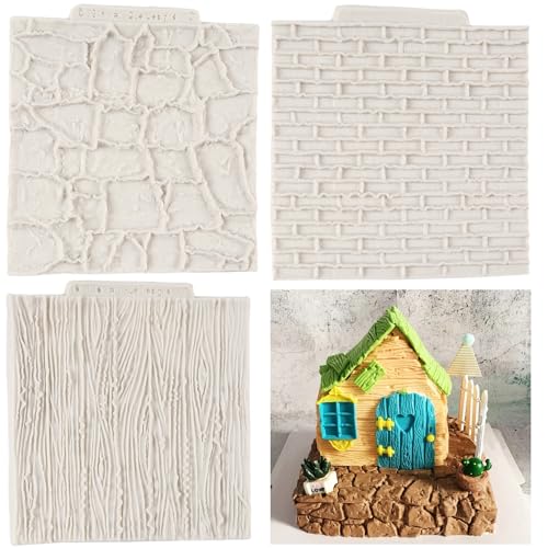 Brick Wall Texture Fondant Mold Set of 3 - Tree Bark & Rock Patterns, Food-Grade Silicone, Cake Decorating Tools - Style B