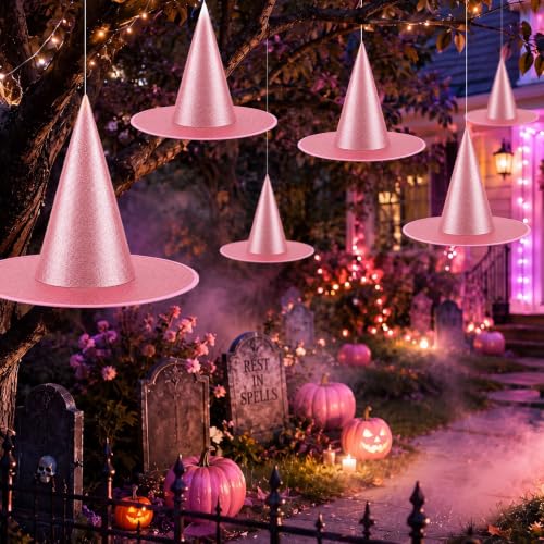 Pink Halloween Witch Hat Decorations - 12 Glitter Hanging Witch Hats with Ropes