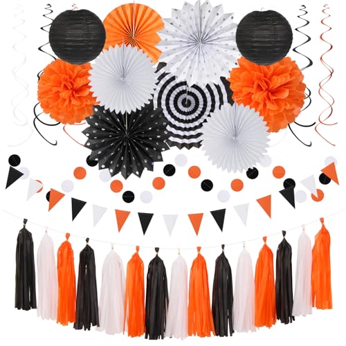 Black White Orange Halloween Party Decorations Kit - 33 Pcs Banners, Lanterns & Streamers