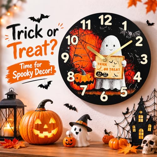 Halloween Ghost Wall Clock - 12 Inch Spooky Silent Decor with Trick or Treat Design - Ghost Variation