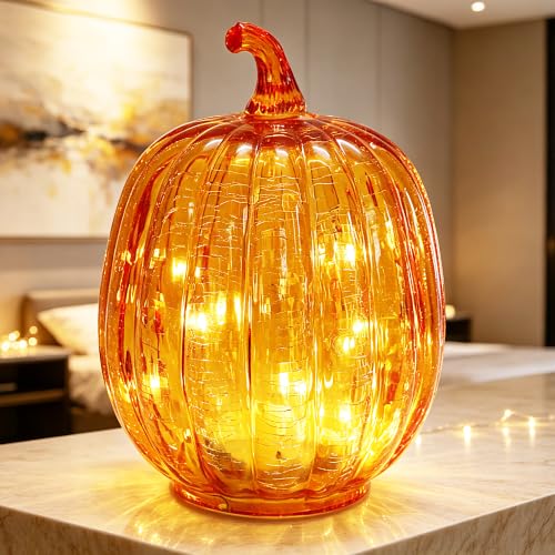 Gold Crackled Glass Pumpkin Lights with Timer - Fall Home Decor