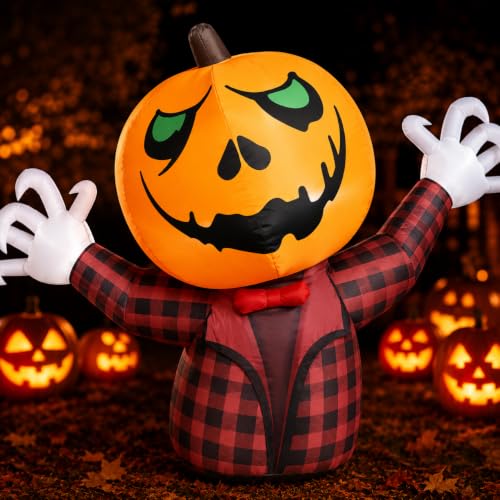 6 FT Halloween Inflatable Yard Decor - Day of the Dead Mariachi Skeleton with Guitar & Puppy, Pumpkin Variation, Bright LEDs