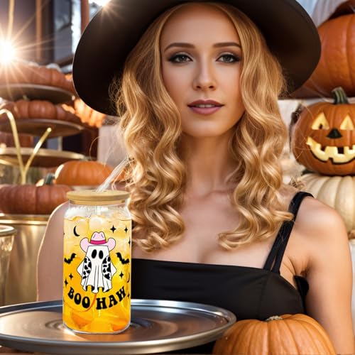 Retro Halloween Skeleton Glass Cups with Lids & Straws - 6 Pack, 16oz