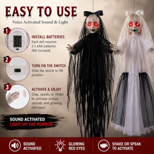 Halloween Hanging Twin Sisters Decorations with LED Eyes & Sound - Black White Twin Haunted Bride