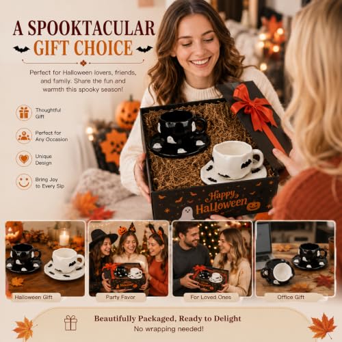 Halloween Ceramic Mug Set with Saucer - Ghost & Bat Pattern, Black & White, 12oz - Variation of THIS listing
