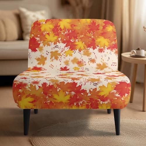 Stretch Armless Accent Chair Cover - Falling Maple Leaves Design, Furniture Protector for Living Room Thanksgiving