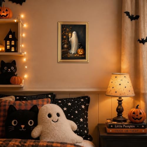 Ghost Holding Candle Wall Art Canvas - Vintage Halloween Gold Frame, 16x12 Inches - Ghost & Black Cat Scene