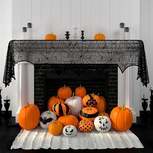 Spidernet Black Lace Spiderweb Fireplace Mantel Scarf - Halloween Decor 96x18 Inch