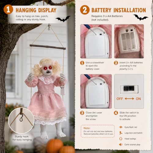 Halloween Animatronic Hanging Girl Decor - Lighted Eyes, Creepy Sounds, Indoor & Outdoor