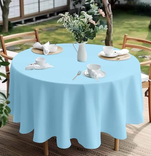 Light Blue Round Plastic Tablecloth 84 Inch Waterproof Disposable for Parties and Events