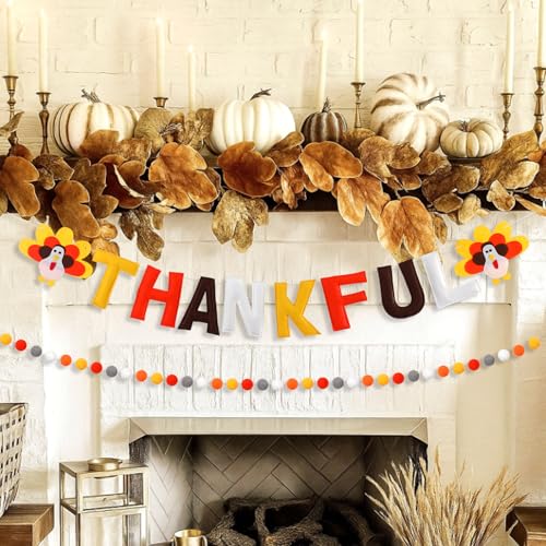 Thankful Thanksgiving Felt Banner with Pom Poms and 3D Letters - Fall Decor