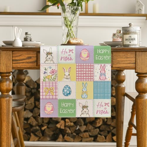 Easter Table Runner 13 x 90 Inch Plaid Bunny Rabbit Eggs Seasonal Decor Purple