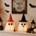 Light-Up Halloween Ghost Decorations Set of 2 with Witch Hats - Spooky Tabletop Decor