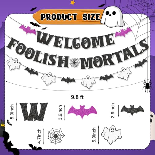 Halloween Party Banner - Welcome Foolish Mortals Variation Banner with Ghosts & Bats