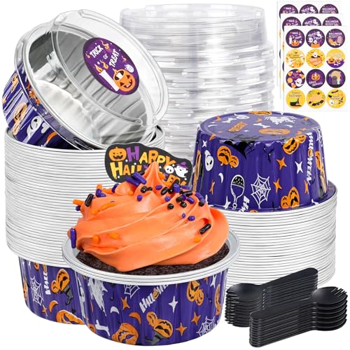 Purple Halloween Mini Cake Pans with Lids - 60 Pack 5oz Disposable Bakeware