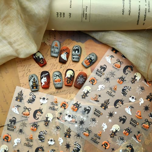 Halloween Ghost Spider Nail Stickers - Self-Adhesive Pumpkin & Black Cat Decals, Variation 2