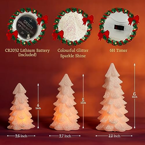White Glittering Christmas Tree Flameless Candles with Timer - Set of 3