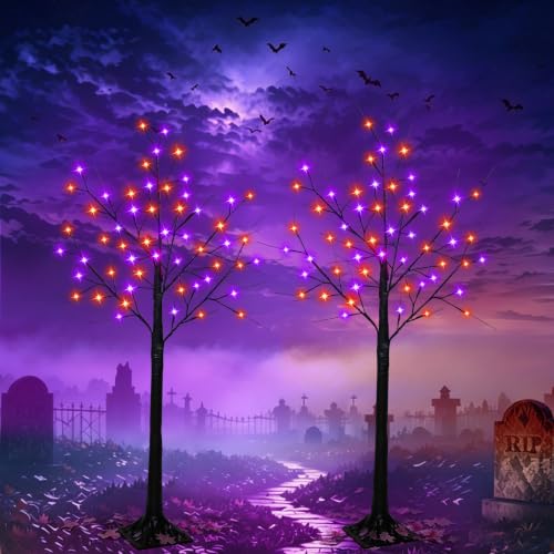Halloween Black Tree Lights Set - 4Ft 2-Pack with Orange & Purple LEDs - Variation: Orange & Purple / 4Ft 2Pack