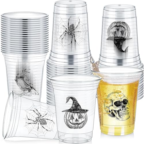 48 Pack Halloween Plastic Cups - 16 oz Skull Design Disposable Party Cups