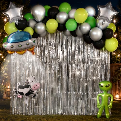 Alien Party Decor Foil Fringe Curtains and Balloon Arch Kit for Space Themed Events