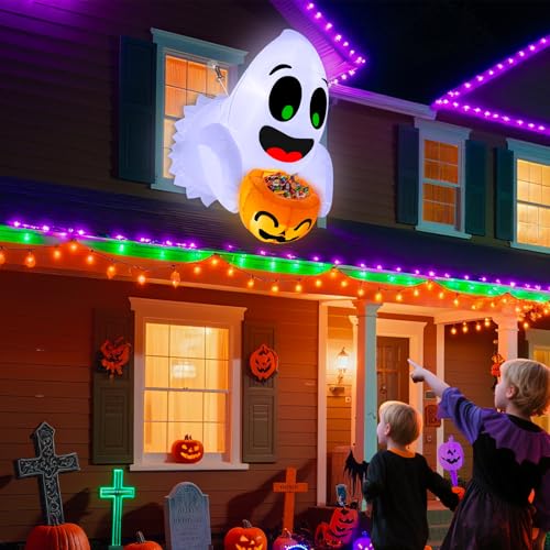 3.5 Ft Halloween Inflatable Ghost with Candy Bucket & LED Lights Outdoor Decor