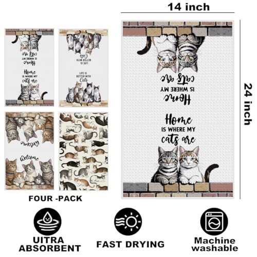 Multi 1482 4 Pcs Cute Cat Kitchen Towels 24x14 Inch Absorbent Hand Towels