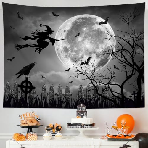 Halloween Moon & Witch Wall Tapestry - Grey Full Moon Night Scene, 40 x 60 Inches