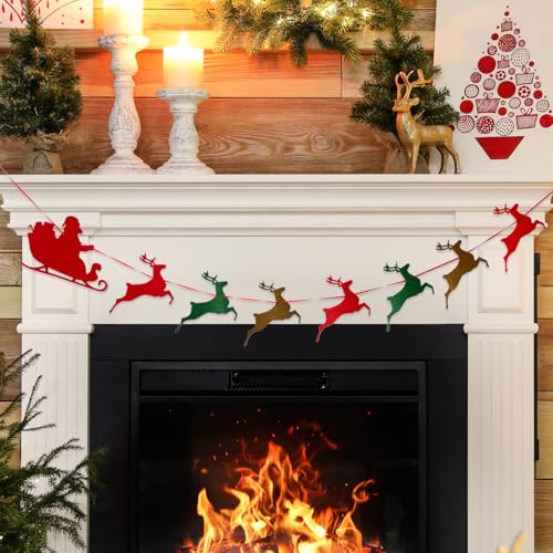 Christmas Banner Santa Sleigh and Reindeer Felt Garland Indoor Holiday Decorations
