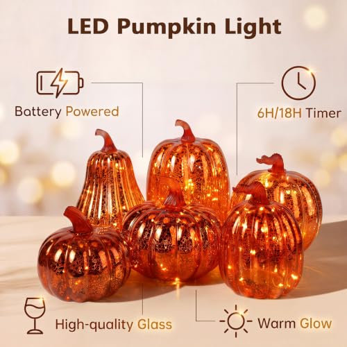 Glass Pumpkin Lights Set - 6 Orange Gold Mercury Glass Decor with Timer
