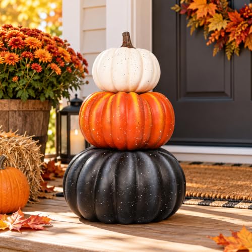 Large Faux Pumpkins Stack 23 Inch Fall Halloween Porch Decor - 3-Tier Pumpkin Arrangement